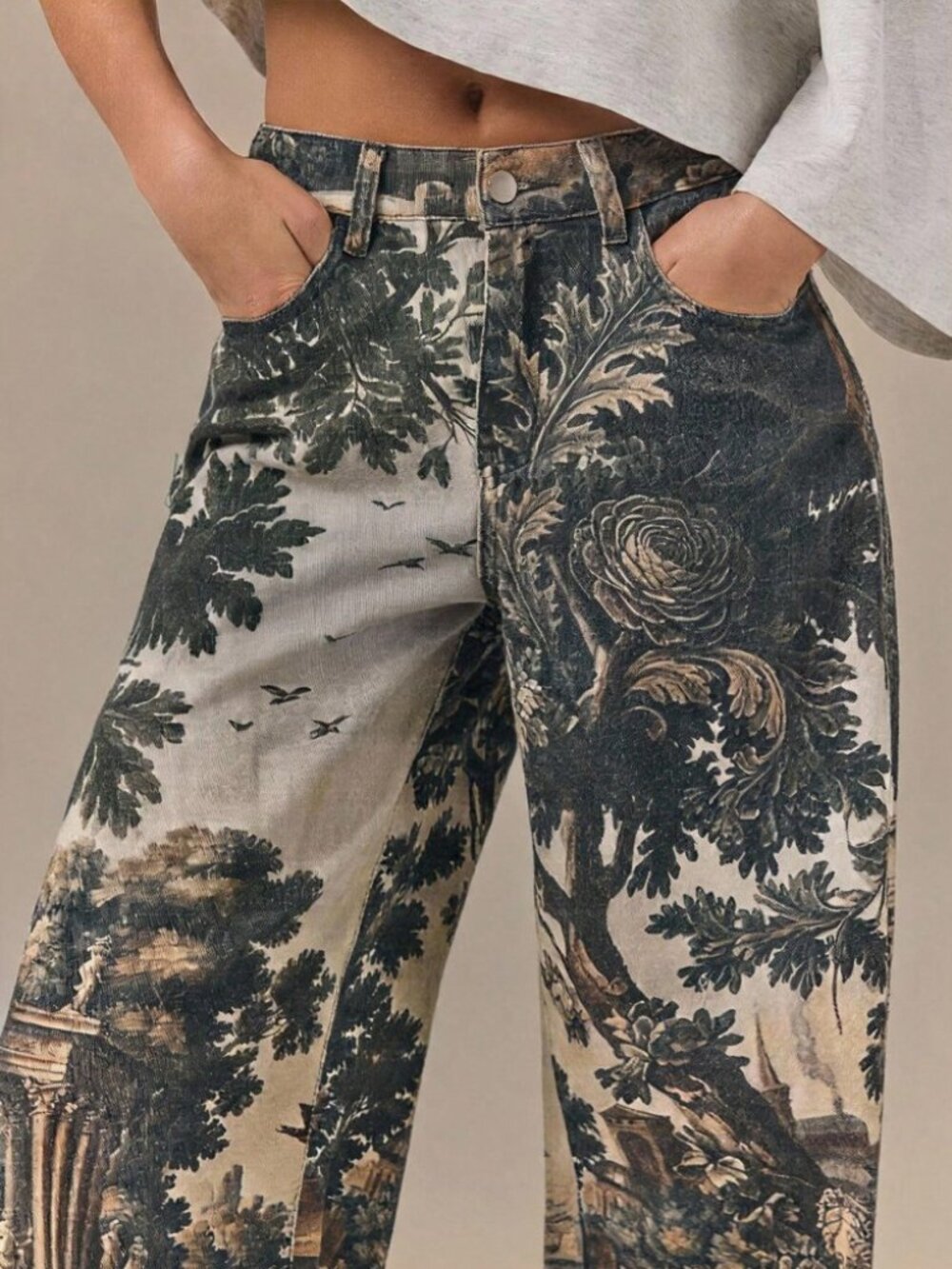 Brown Tapestry Print Wide Leg Denim Jeans - Extra Long - Picture 2 of 7